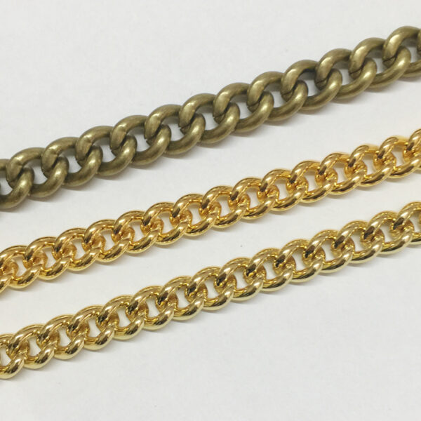 metal curb chains in gold and antique brass finishes