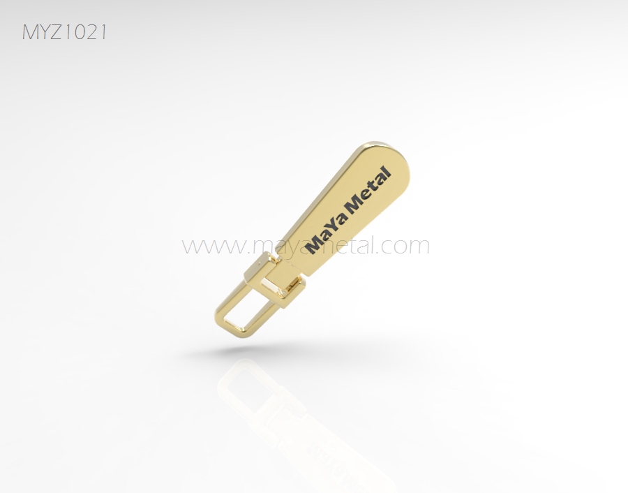 Gold zipper puller with hook clasp and logo, a high-touch fitting
