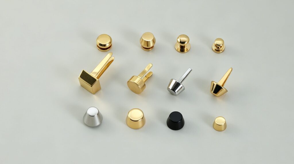 Assorted metal bag feet and studs in gold, silver and black finishes by Maya Metal