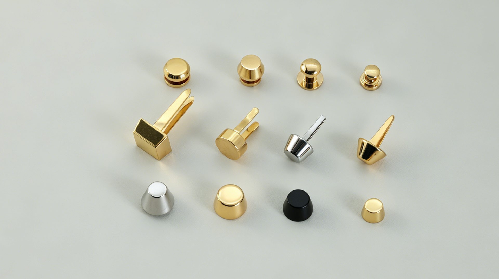 Metal bag feet and studs in gold, silver and black finishes