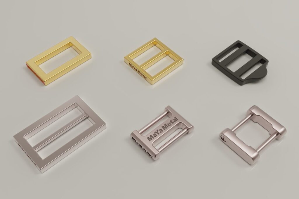 Metal slider buckles and strap loops in gold, silver and gunmetal finishes by Maya Metal